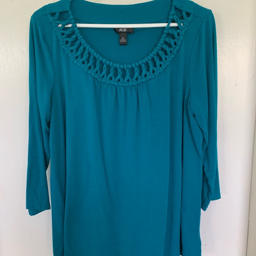 AGB Teal Crochet Neck Blouse